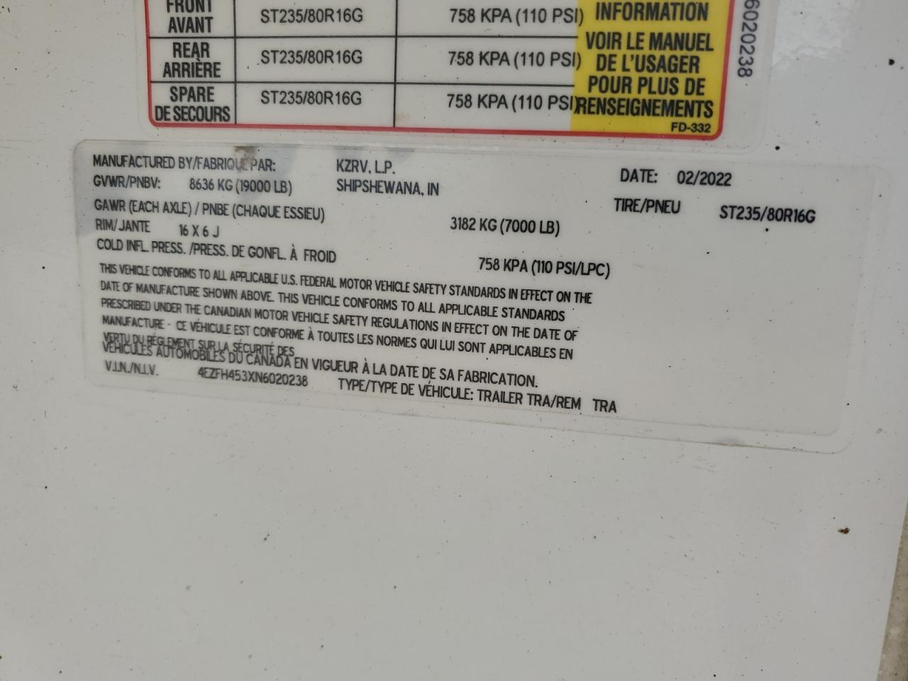 Lot #3216000969 2022 KZ KZRV TRAIL