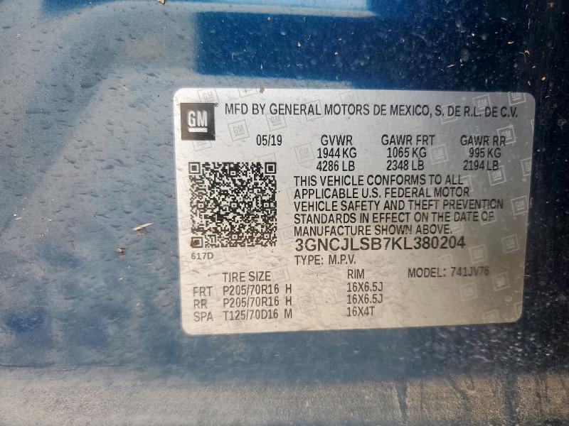 2019 CHEVROLET TRAX 1LT 3GNCJLSB7KL380204