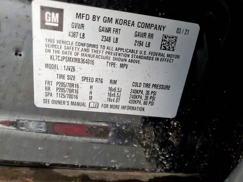 2021 CHEVROLET TRAX 1LT KL7CJPSMXMB364016