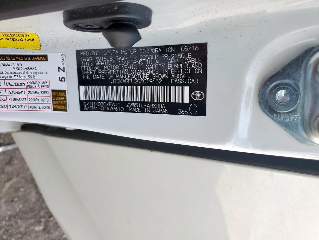 2016 TOYOTA PRIUS - JTDKARFU2G3019632