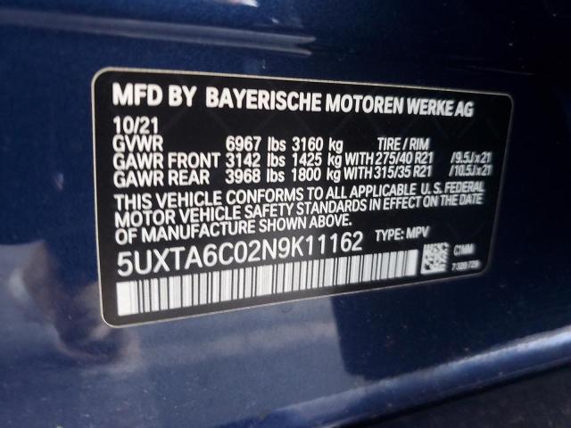 2022 BMW X5 XDRIVE4 5UXTA6C02N9K11162