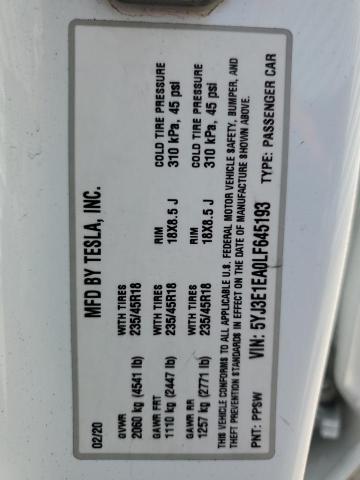 2020 TESLA MODEL 3 5YJ3E1EA0LF645193
