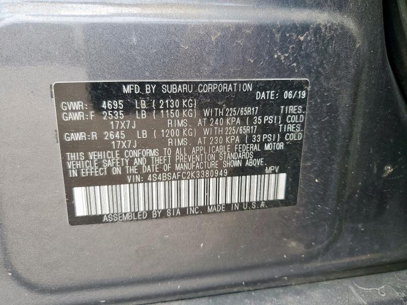 2019 SUBARU OUTBACK 2.5I PREMIUM 4S4BSAFC2K3380949