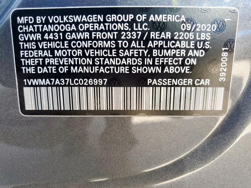 2020 VOLKSWAGEN PASSAT R-L 1VWMA7A37LC026997