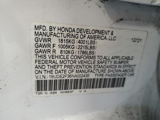 2022 ACURA ILX 19UDE2F36NA002435