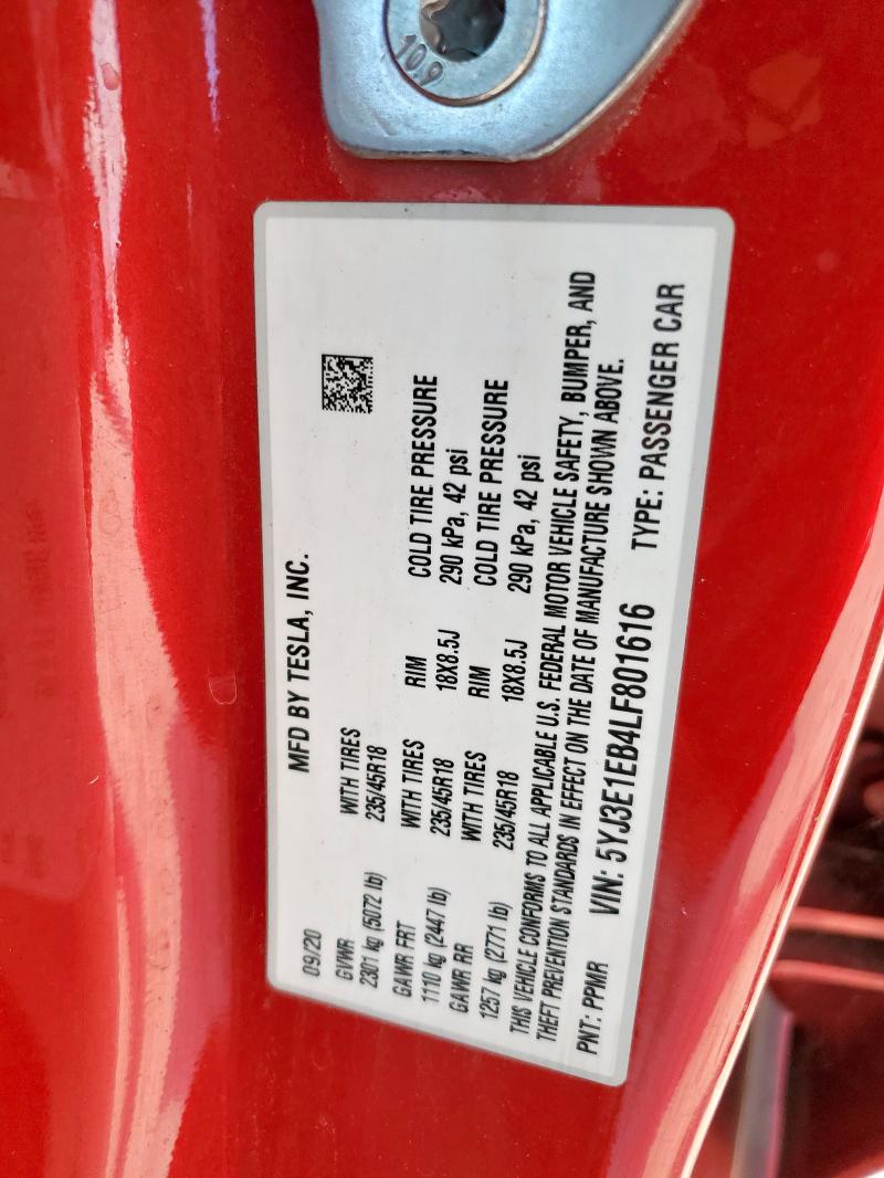 2020 TESLA MODEL 3 5YJ3E1EB4LF801616