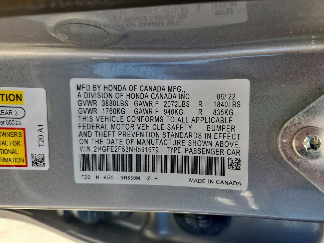 2022 HONDA CIVIC SPOR 2HGFE2F53NH591679