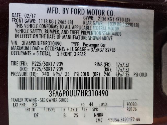 2017 FORD FUSION S H 3FA6P0UU7HR310490