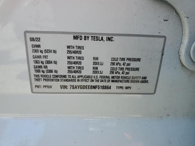 2022 TESLA MODEL Y 7SAYGDEE8NF518864