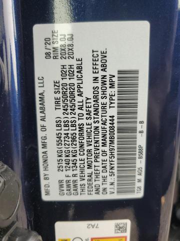2021 HONDA PILOT TOUR 5FNYF5H97MB008444