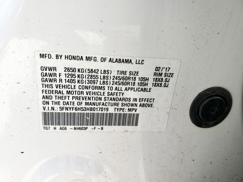 2017 HONDA PILOT EXL 5FNYF6H53HB017019