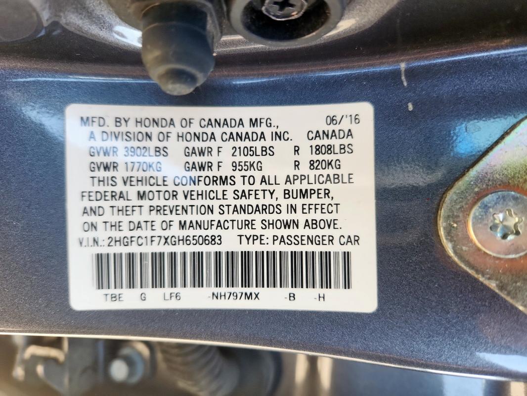 2016 HONDA CIVIC EXL 2HGFC1F7XGH650683