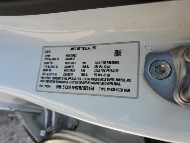 2021 TESLA MODEL 3 5YJ3E1EB2MF928494