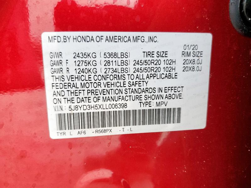 2020 ACURA MDX TECHNO 5J8YD3H5XLL006398