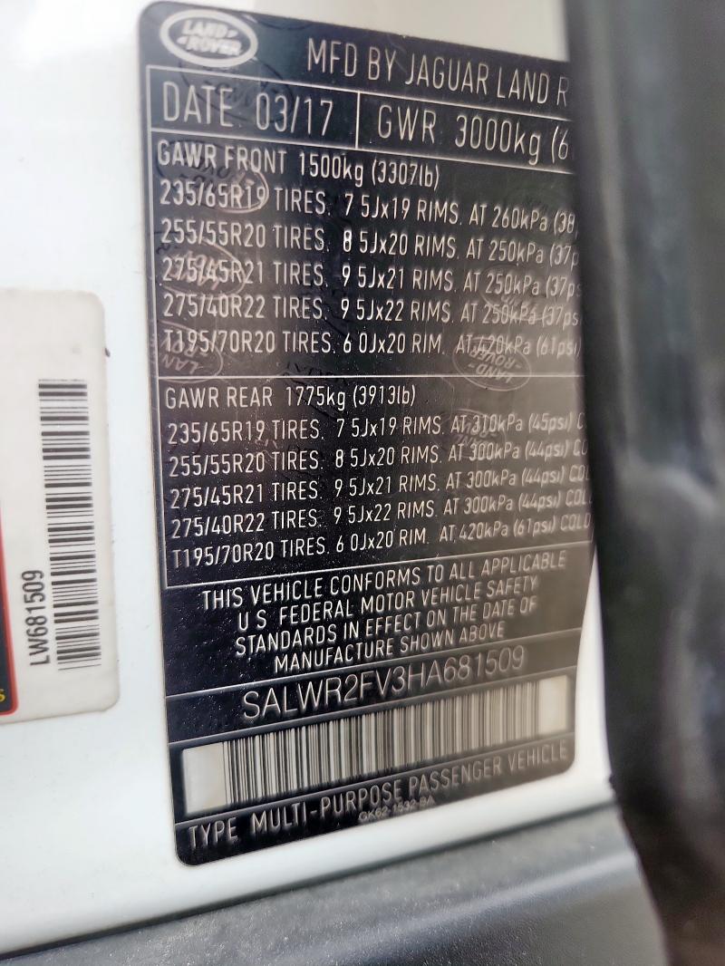 2017 LAND ROVER RANGE ROVE - SALWR2FV3HA681509