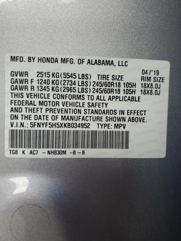 2019 HONDA PILOT EXL 5FNYF5H5XKB034952
