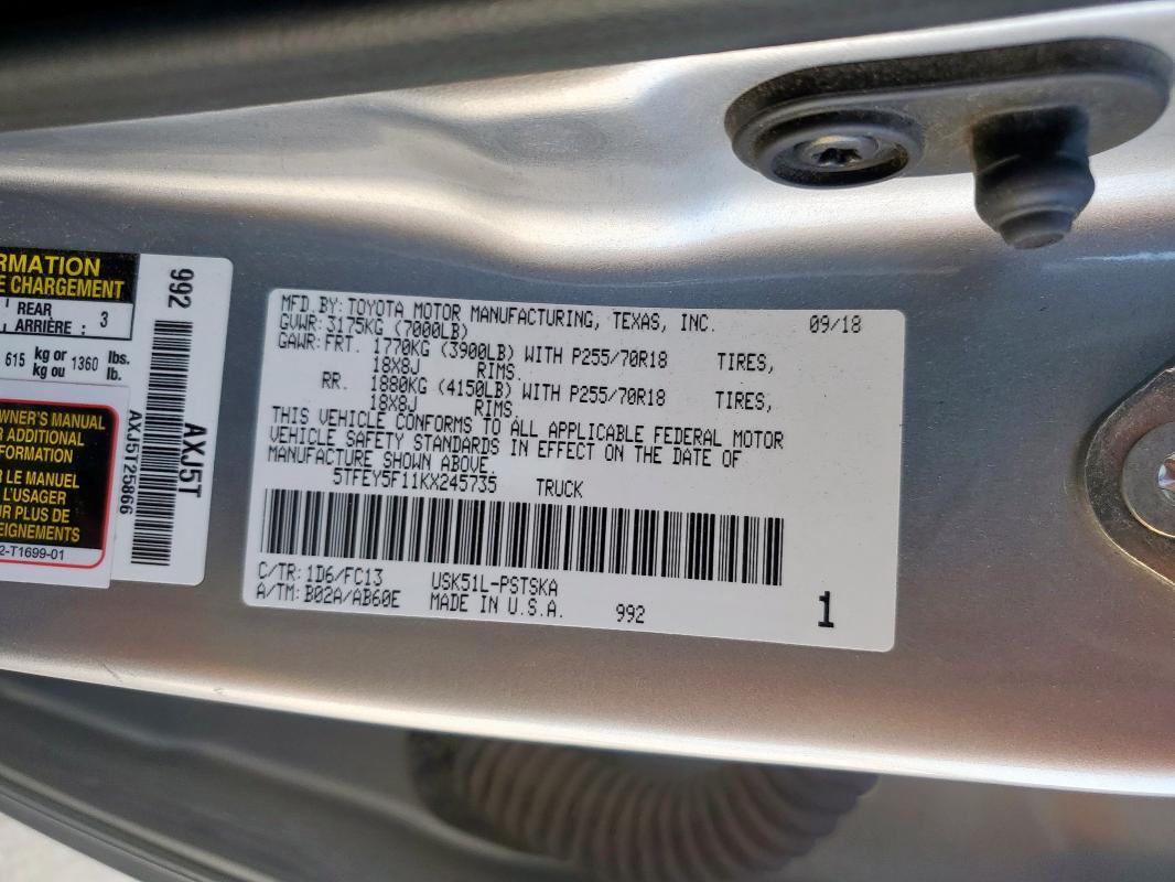 2019 TOYOTA TUNDRA CRE - 5TFEY5F11KX245735