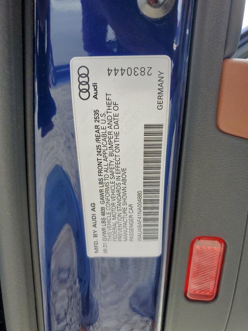 2022 AUDI A4 PREMIUM WAUABAF41NA004880