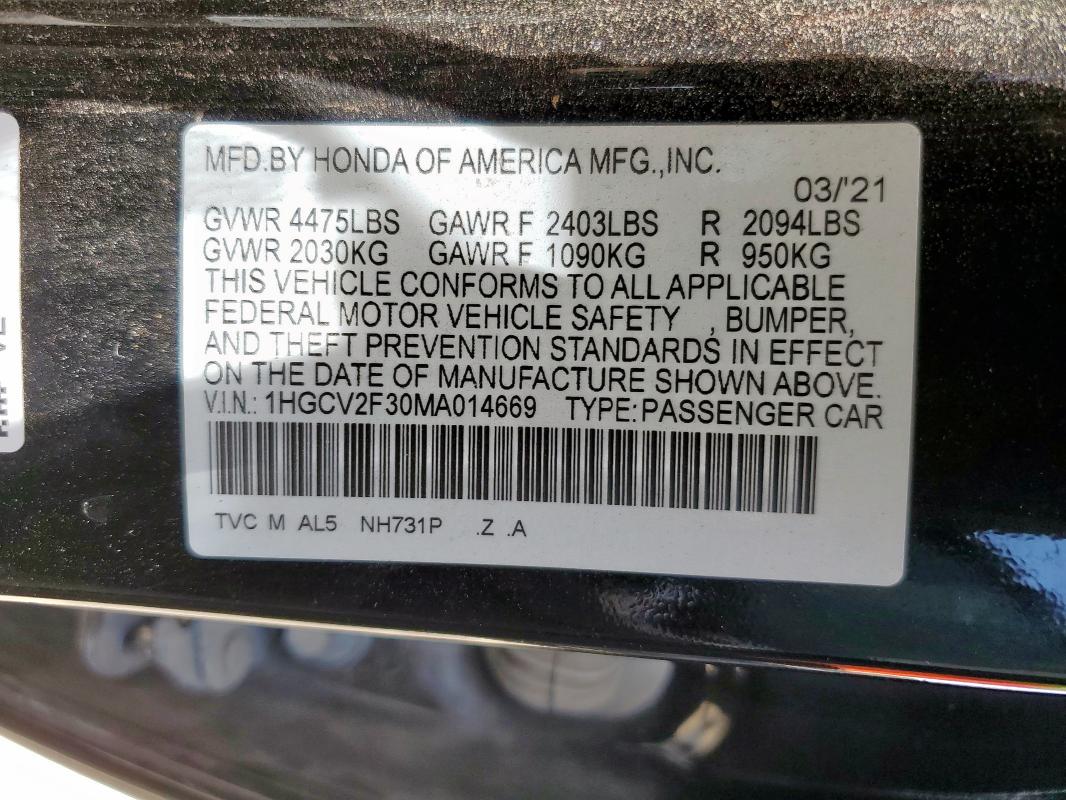 2021 HONDA ACCORD SPORT 1HGCV2F30MA014669