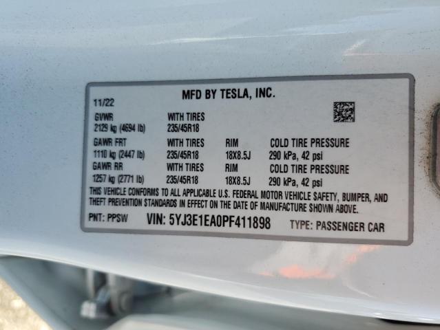 2023 TESLA MODEL 3 5YJ3E1EA0PF411898