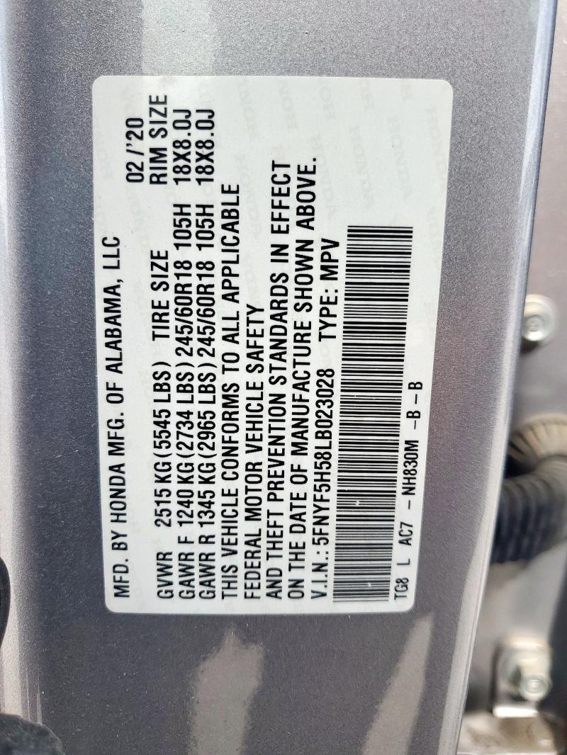 2020 HONDA PILOT EXL 5FNYF5H58LB023028