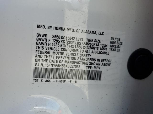 2019 HONDA PILOT EXL 5FNYF6H56KB057568