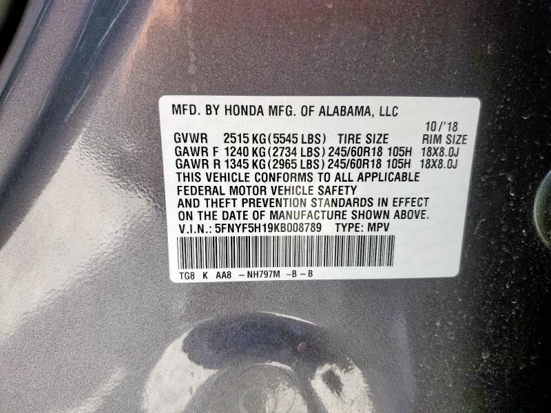 2019 HONDA PILOT LX 5FNYF5H19KB008789
