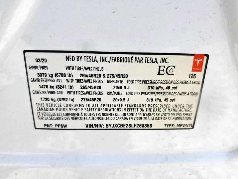 2020 TESLA MODEL X 5YJXCBE28LF268358