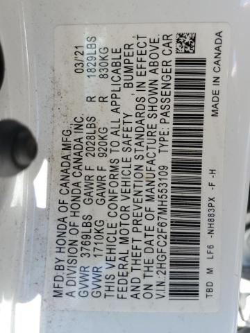 2021 HONDA CIVIC LX 2HGFC2F67MH553109