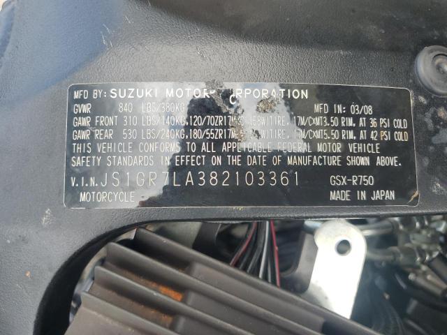 2008 SUZUKI GSX-R750 JS1GR7LA382103361