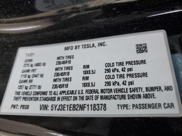 2022 TESLA MODEL 3 5YJ3E1EB2NF118378