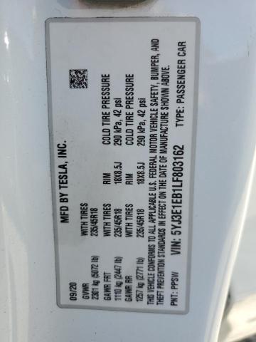 2020 TESLA MODEL 3 5YJ3E1EB1LF803162
