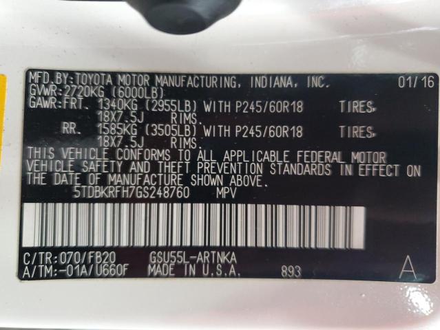 2016 TOYOTA HIGHLANDER 5TDBKRFH7GS248760