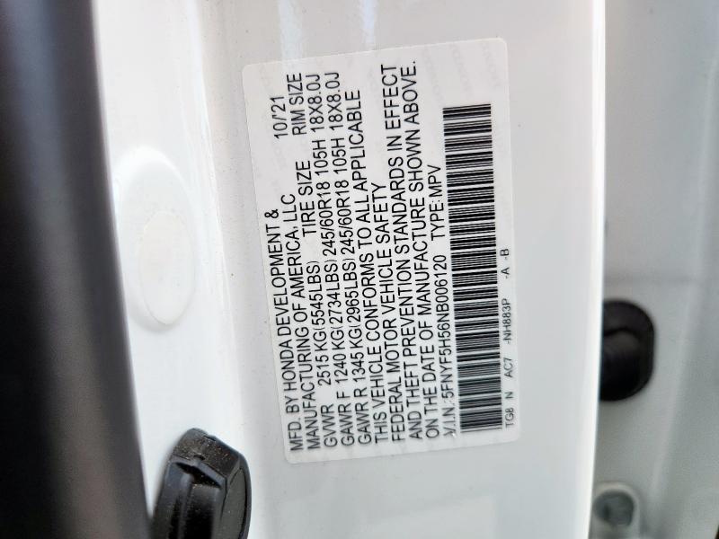 2022 HONDA PILOT EXL 5FNYF5H56NB006120