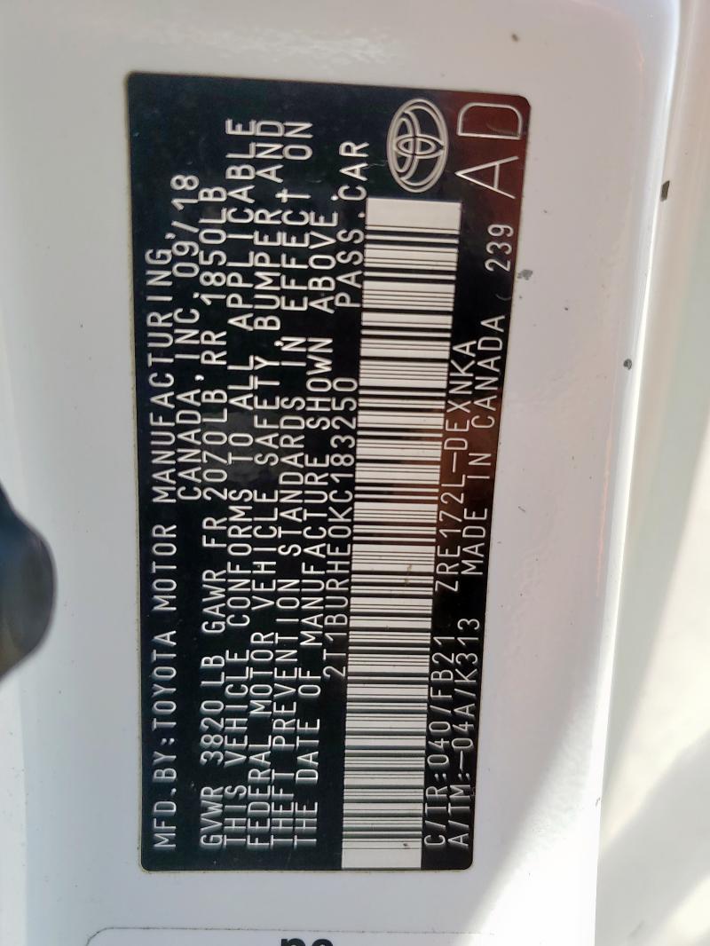 2019 TOYOTA COROLLA LE - 2T1BURHE0KC183250