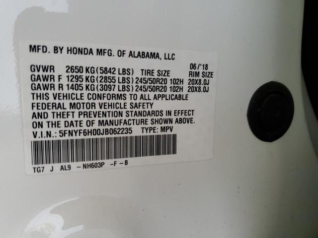 2018 HONDA PILOT ELITE 5FNYF6H00JB062235
