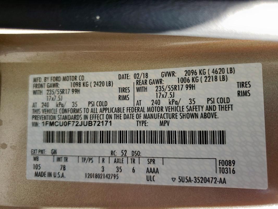 2018 FORD ESCAPE S - 1FMCU0F72JUB72171