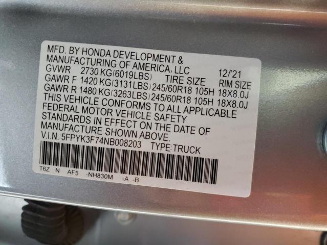2022 HONDA RIDGELINE 5FPYK3F74NB008203