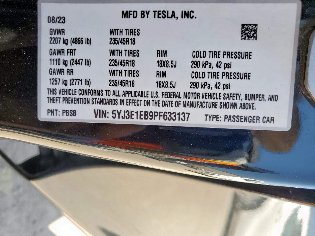 2023 TESLA MODEL 3 5YJ3E1EB9PF633137