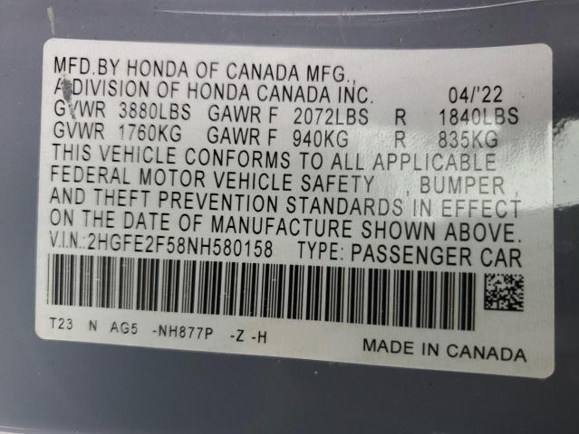 2022 HONDA CIVIC SPOR 2HGFE2F58NH580158