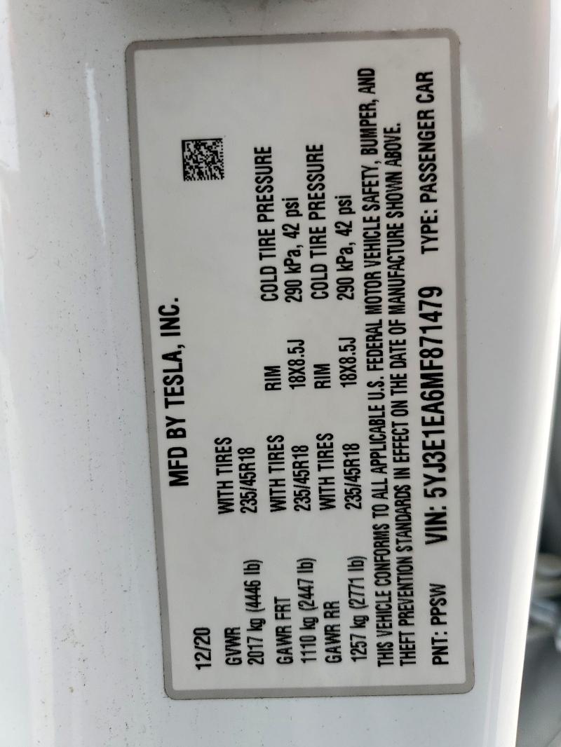 2021 TESLA MODEL 3 5YJ3E1EA6MF871479