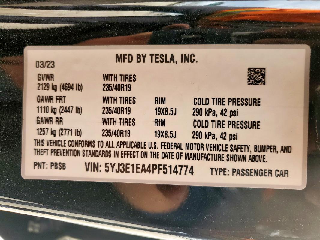 2023 TESLA MODEL 3 5YJ3E1EA4PF514774