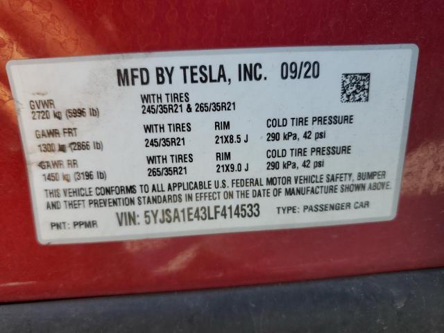 2020 TESLA MODEL S 5YJSA1E43LF414533