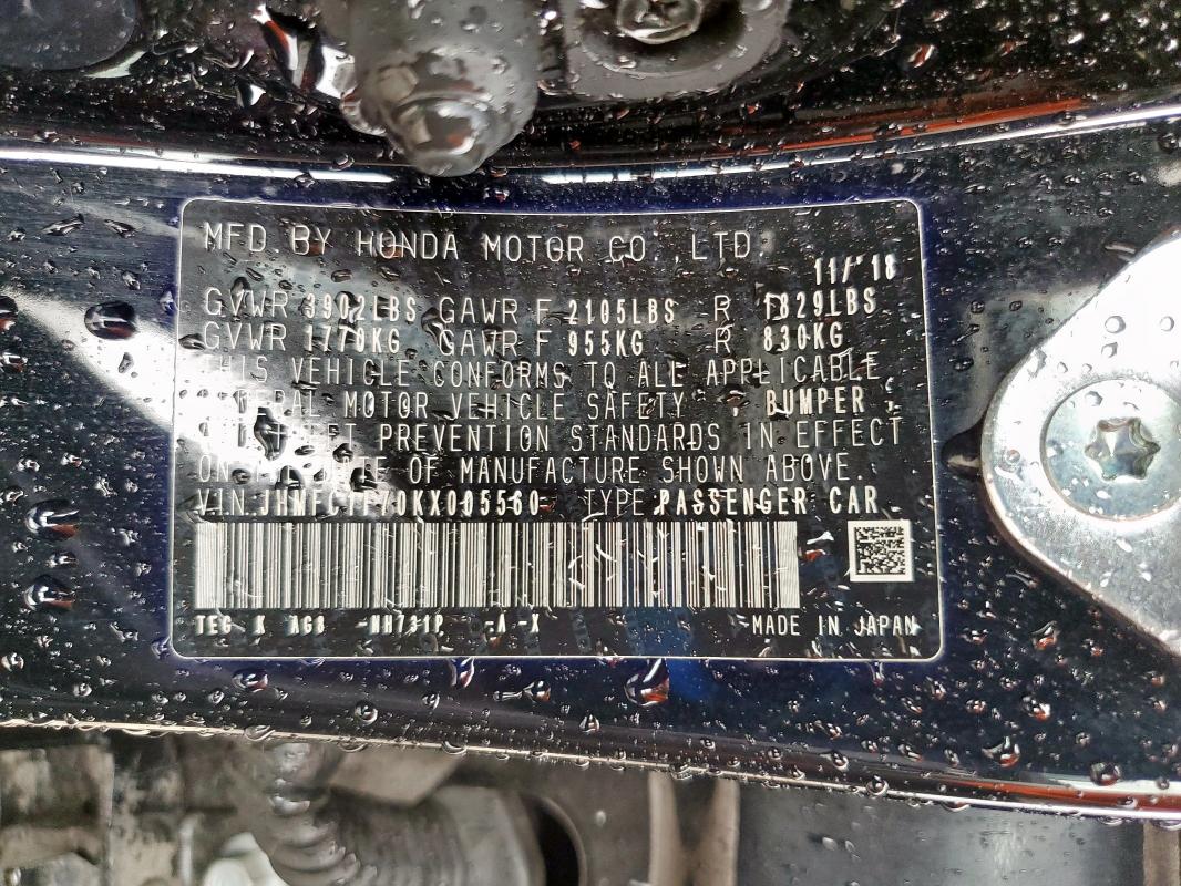 2019 HONDA CIVIC EXL JHMFC1F70KX005560