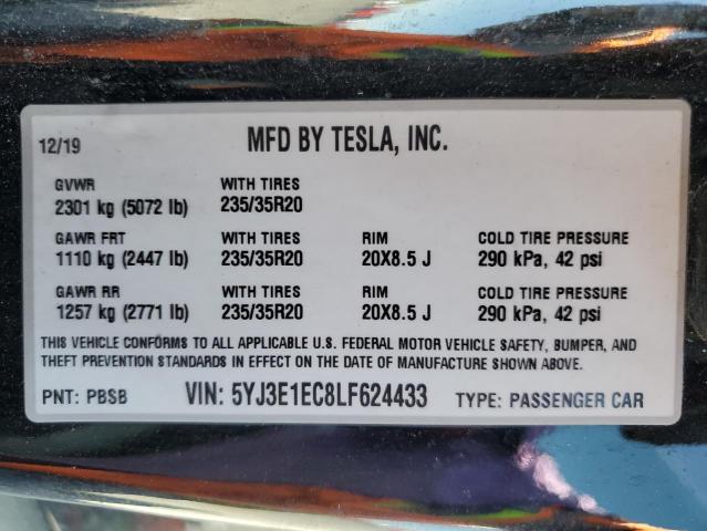 2020 TESLA MODEL 3 5YJ3E1EC8LF624433