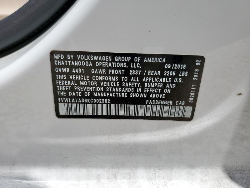 2019 VOLKSWAGEN PASSAT WOL 1VWLA7A36KC002362