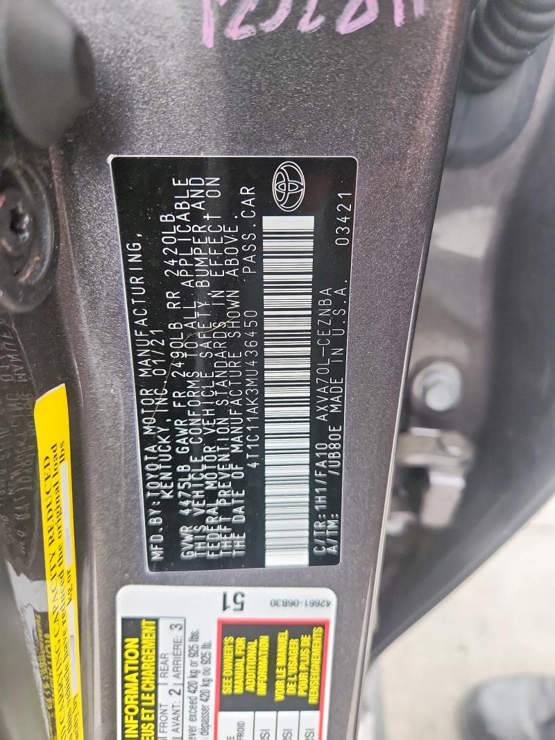 2021 TOYOTA CAMRY LE - 4T1C11AK3MU436450