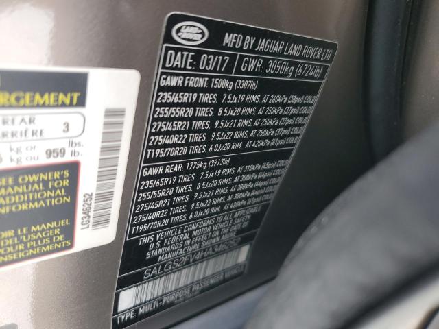 2017 LAND ROVER RANGE ROVE SALGS2FV4HA346252
