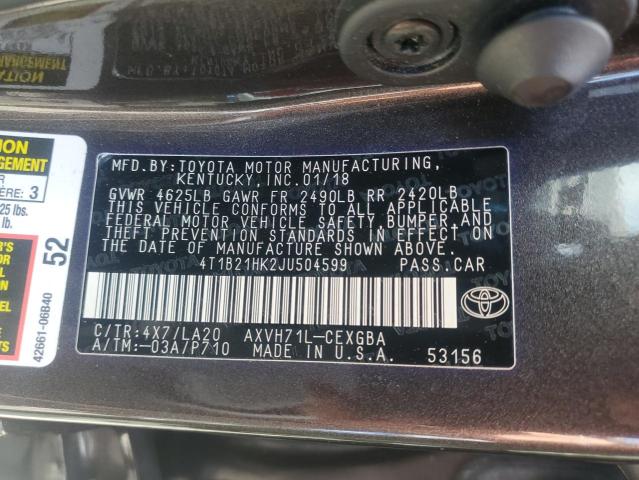 2018 TOYOTA CAMRY HYBR 4T1B21HK2JU504599