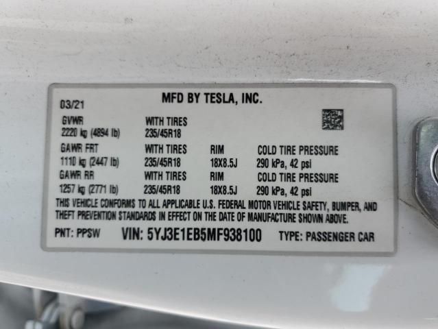 2021 TESLA MODEL 3 5YJ3E1EB5MF938100